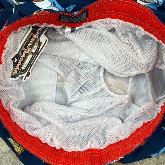 NWT Broken Threads Surf Navy Blue Great White Sharks French Fries Swim Trunks M - Picture 7 of 7